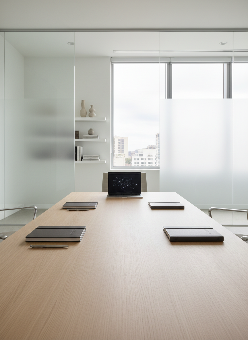 An immaculate conference table crafted from pale oak with a smooth matte finish, neatly arranged with closed leather-bound notebooks, metallic pens, and a slim laptop. The table sits in a bright, spacious meeting room with frosted glass walls and minimalist shelving. Soft midday natural light pours in through tall windows, illuminating the neutral palette and casting gentle, defined shadows from the objects. The mood is calm, professional, and focused. Photographed at eye level with a centered composition, the image captures balance and clarity, embracing a sophisticated, corporate aesthetic in photographic realism. Perfect for representing a consulting business focused on structured solutions.