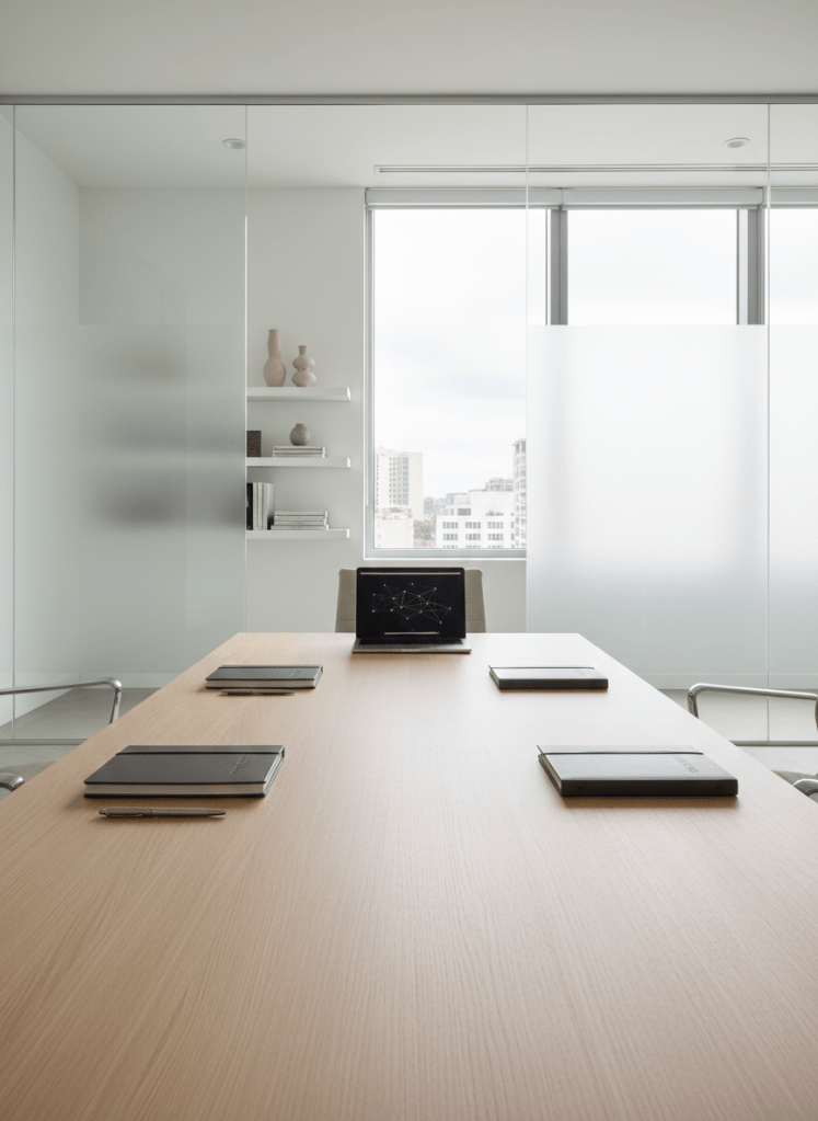 An immaculate conference table crafted from pale oak with a smooth matte finish, neatly arranged with closed leather-bound notebooks, metallic pens, and a slim laptop. The table sits in a bright, spacious meeting room with frosted glass walls and minimalist shelving. Soft midday natural light pours in through tall windows, illuminating the neutral palette and casting gentle, defined shadows from the objects. The mood is calm, professional, and focused. Photographed at eye level with a centered composition, the image captures balance and clarity, embracing a sophisticated, corporate aesthetic in photographic realism. Perfect for representing a consulting business focused on structured solutions.