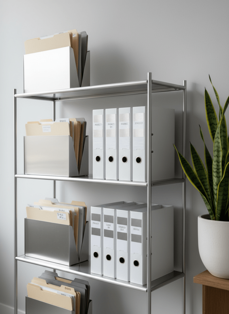 A precisely arranged set of neutral-toned file folders and pristine white binders with metallic labels, placed on an open, streamlined shelving unit made of brushed aluminum. The shelves are in a minimalist workspace with a backdrop of smooth, light-grey walls and a single sculptural plant in a matte ceramic planter. Soft, indirect natural daylight creates subtle highlights and understated shadows, enhancing the sense of order. Captured from a slightly low angle with a rule-of-thirds composition, the image exudes organization and professionalism. The photographic style emphasizes clean lines and balance, symbolizing the meticulous management and support offered by the consulting company.