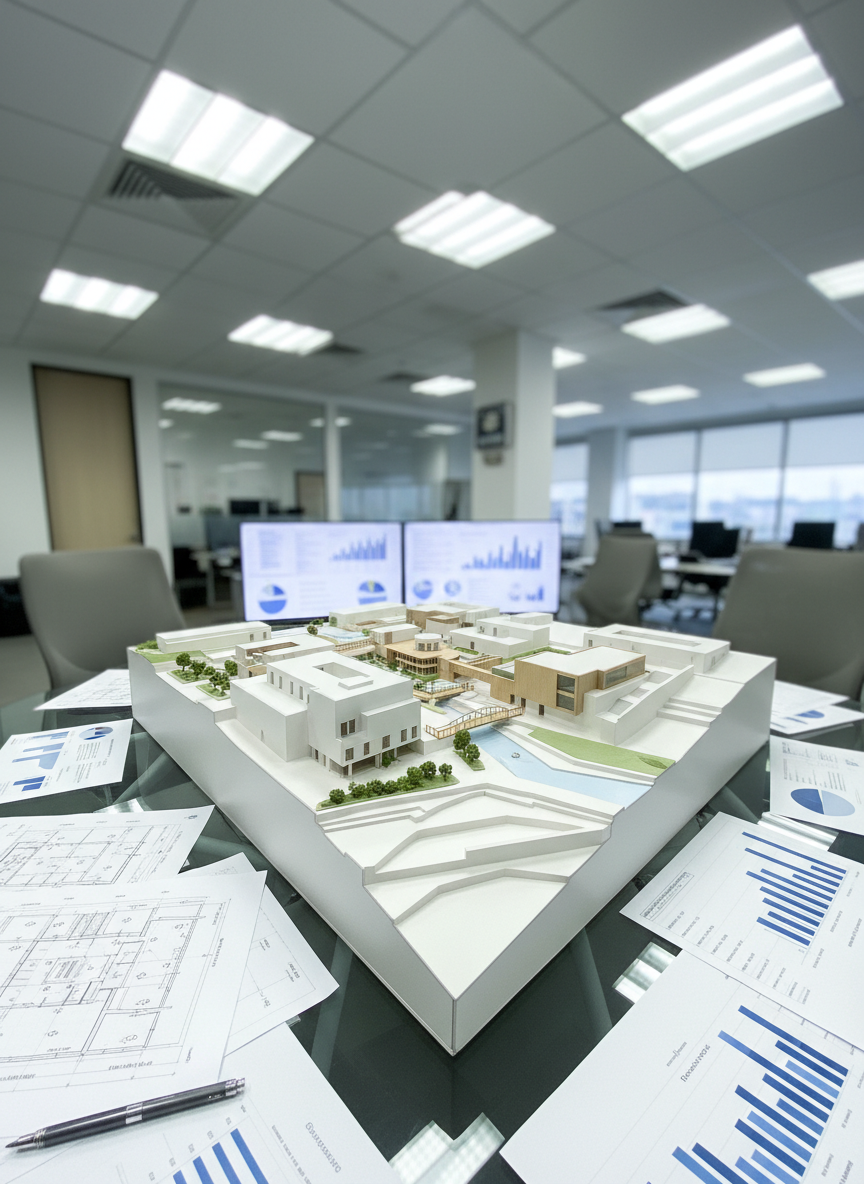A detailed close-up of a sleek, modern architectural model constructed from white matte materials and neutral-toned wood, displaying miniature structures and precise landscaping elements. The model is placed on a pristine glass-topped office desk surrounded by organized charts and architectural blueprints. Overhead diffuse LED lighting casts crisp, soft highlights across the surfaces, emphasizing organization and structure. The atmosphere is polished and contemplative. The shot employs a shallow depth of field, keeping the model in sharp focus while gently blurring the expansive office background. The overall style is clean, corporate, and modern, aligning with a consulting firm’s innovative approach to business solutions.