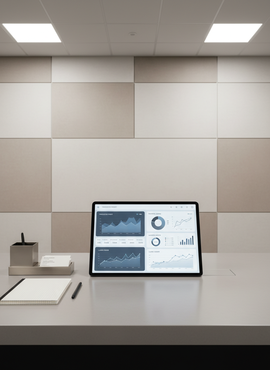 A medium shot of a polished, contemporary workspace featuring a large tablet displaying a detailed business analytics dashboard in subtle blues and greys, beside a closed graph-paper notebook and a geometric, stainless steel desk organizer. The desk sits against a backdrop of clean, neutral-colored wall panels that reflect muted, evenly distributed artificial office lighting. The lighting casts gentle, controlled reflections on the desk’s matte surface. The composition is structured and symmetrical, with all elements perfectly aligned to reinforce order and clarity. The atmosphere is analytical and composed, designed in photographic realism to embody the clarity and insight central to consulting services for small construction firms.